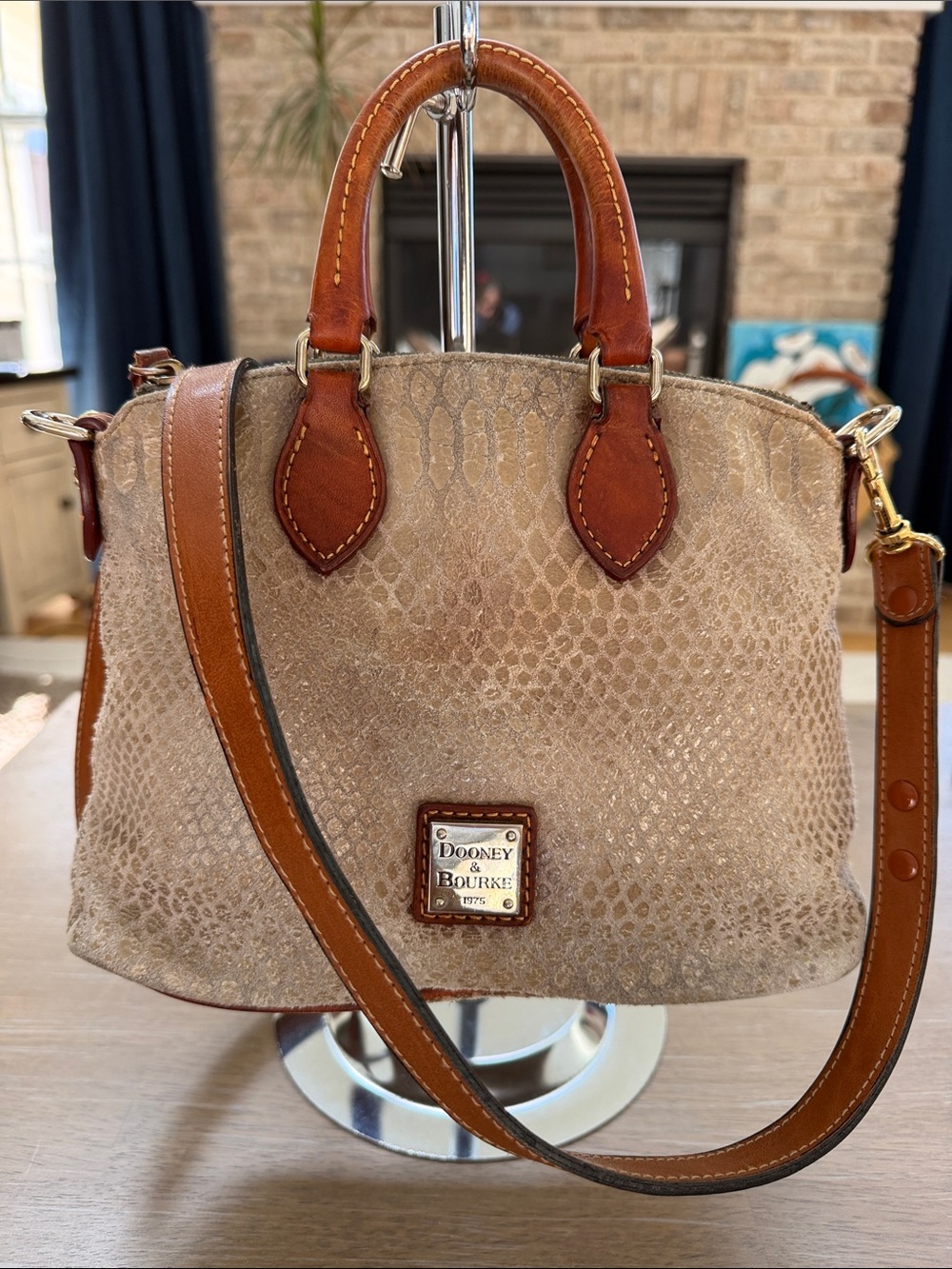 Dooney & Bourke taupe suede snake textured satchel w/British tan leather trim